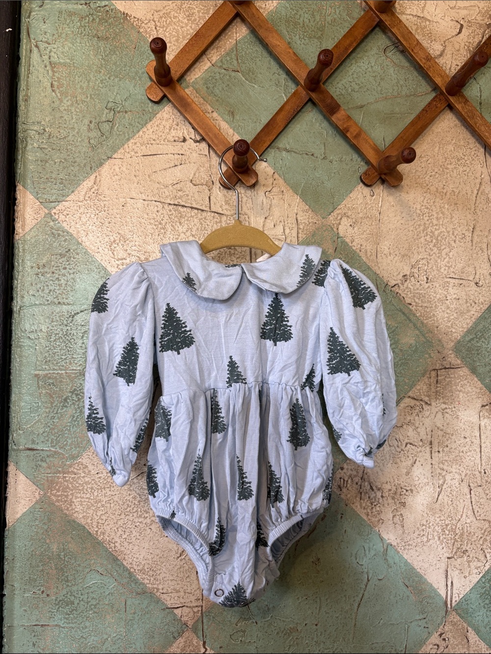 kate quinn Light Blue Bodysuit with Dark Green Tree Print